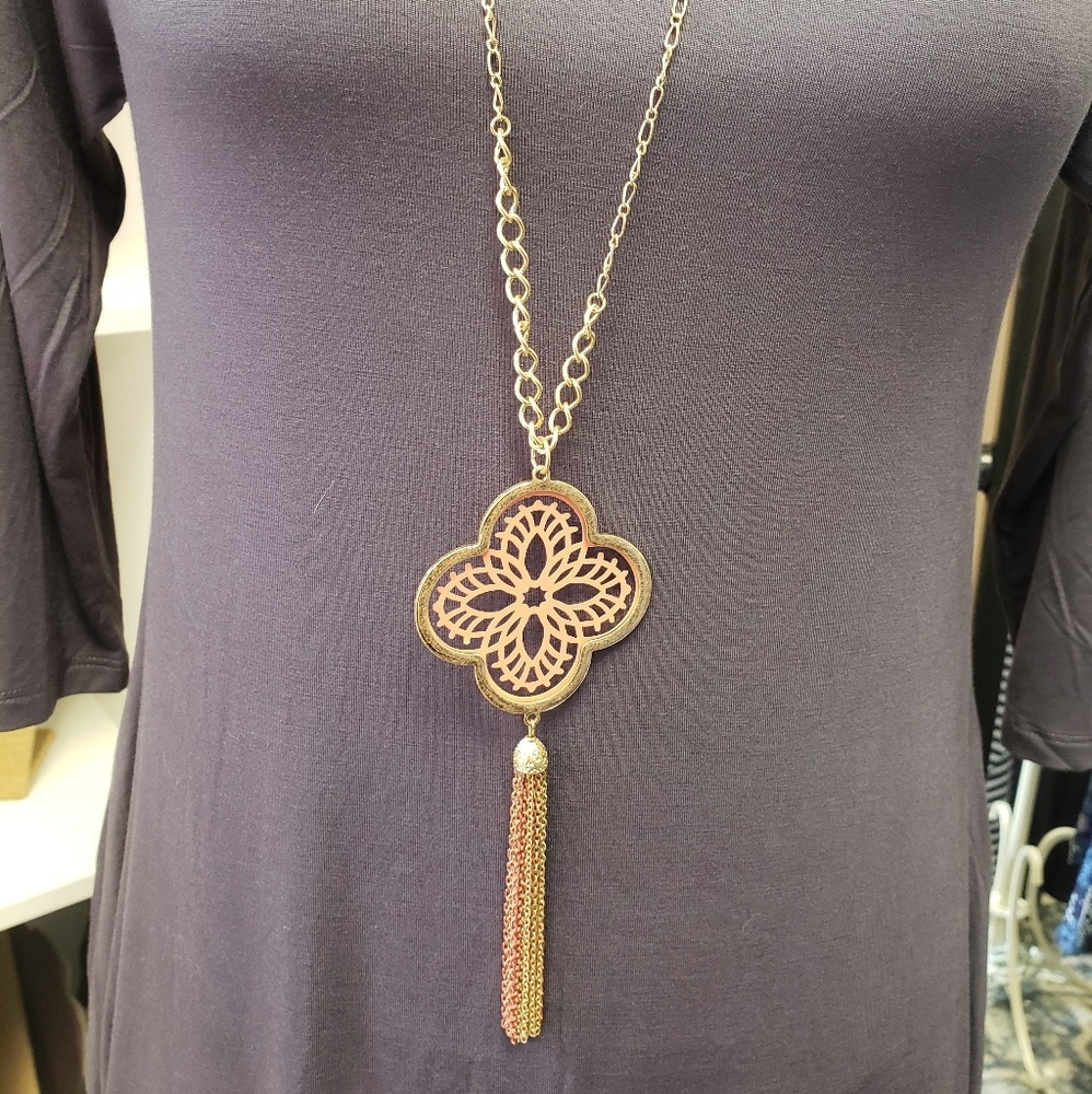 Peach Quatrefoil Tassel Necklace